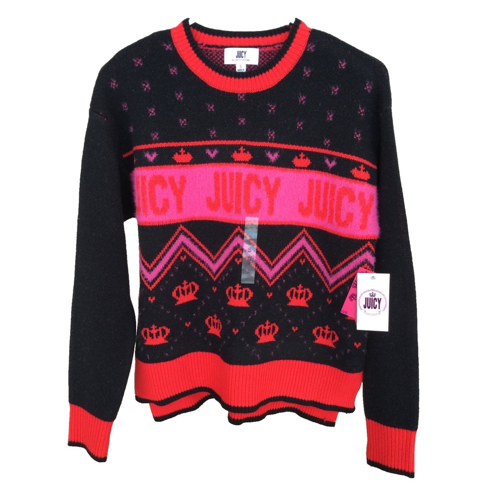 Juicy Couture Sweater Black Pink Logo Crown Pullover‎ Size Small Artsy Bold NEW
